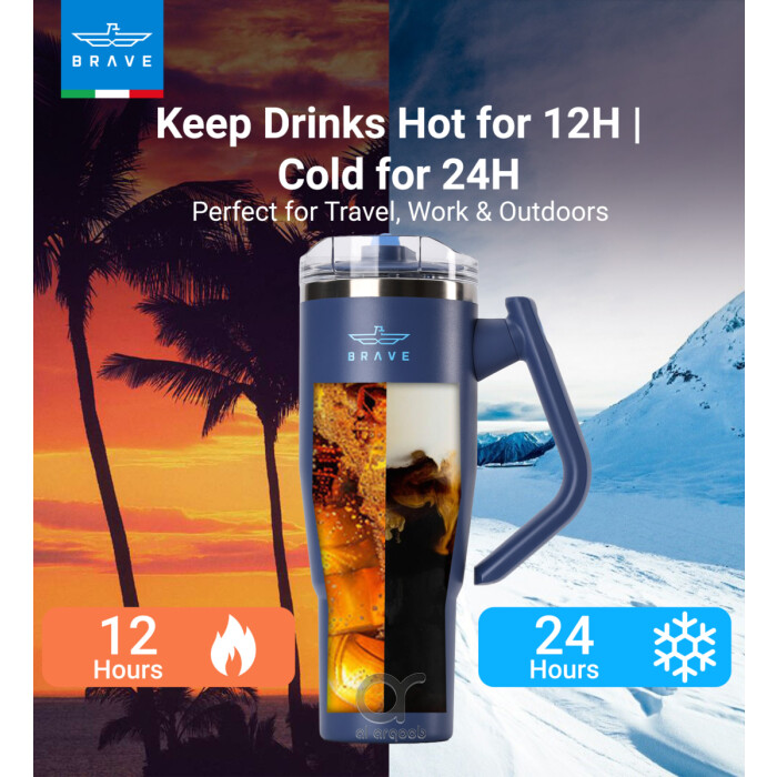 Brave Temp Guard Vacuum Insulated Travel Mug – 180° Rotating Handle, 24H Cold &amp; 12H Hot Retention, Leak