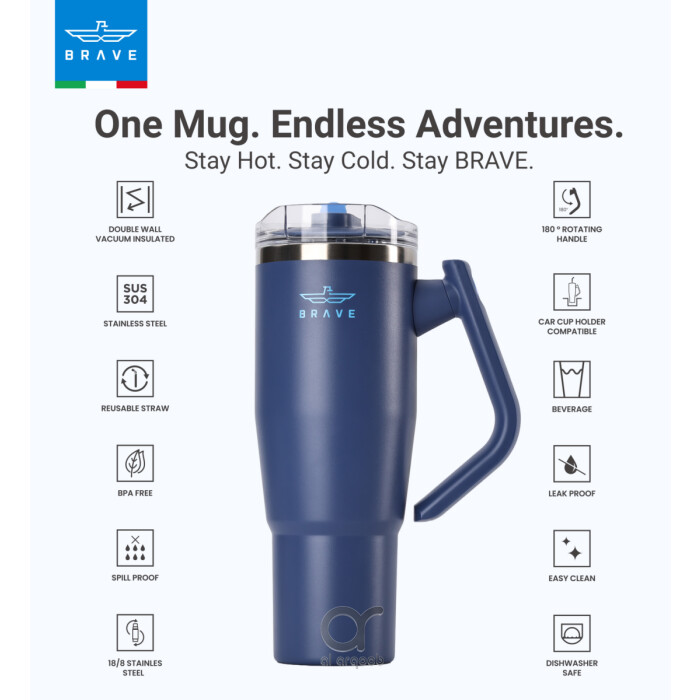 Brave Temp Guard Vacuum Insulated Travel Mug – 180° Rotating Handle, 24H Cold &amp; 12H Hot Retention, Leak