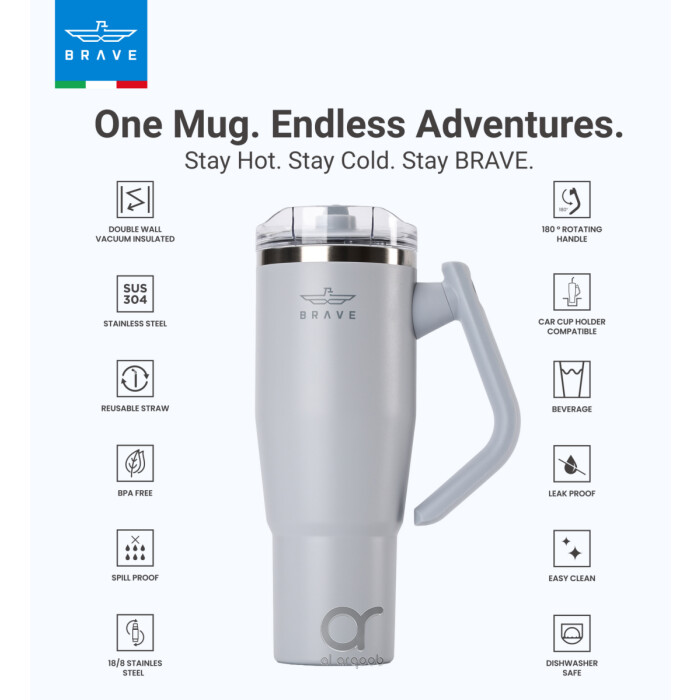 Brave Temp Guard Vacuum Insulated Travel Mug – 180° Rotating Handle, 24H Cold &amp; 12H Hot Retention, Leak