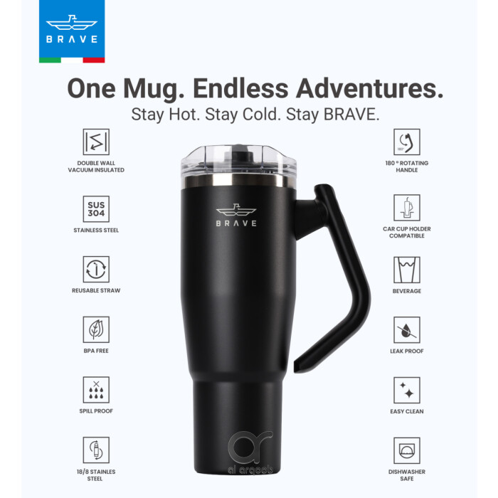 Brave Temp Guard Vacuum Insulated Travel Mug – 180° Rotating Handle, 24H Cold &amp; 12H Hot Retention, Leak