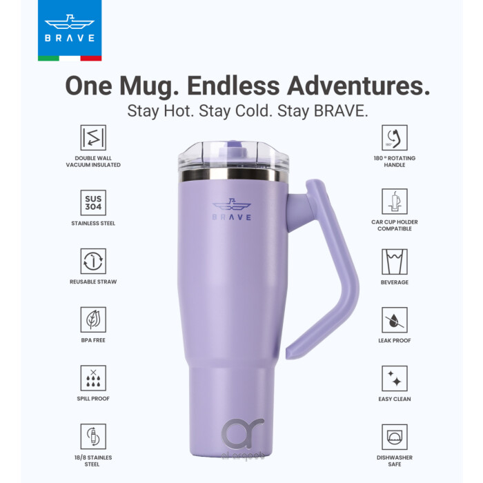 Brave Temp Guard Vacuum Insulated Travel Mug – 180° Rotating Handle, 24H Cold &amp; 12H Hot Retention, Leak