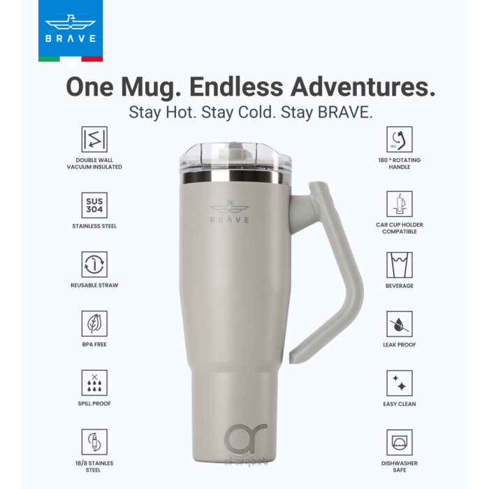 Brave Temp Guard Vacuum Insulated Travel Mug – 180° Rotating Handle, 24H Cold &amp; 12H Hot Retention, Leak