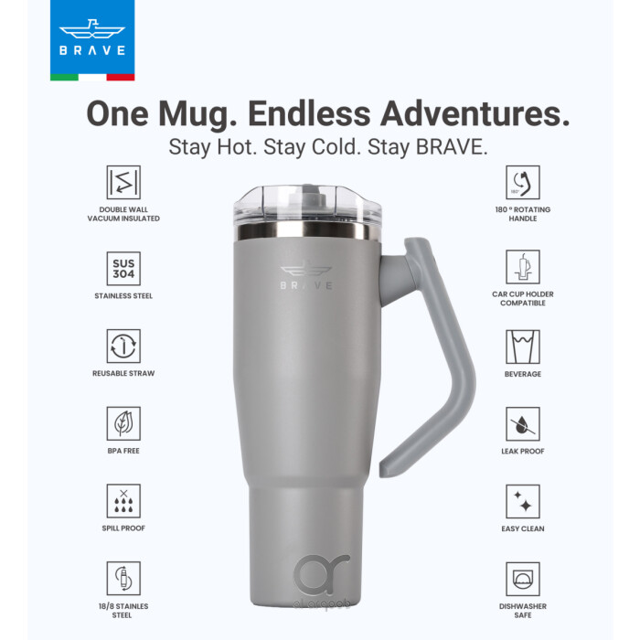 Brave Temp Guard Vacuum Insulated Travel Mug – 180° Rotating Handle, 24H Cold &amp; 12H Hot Retention, Leak