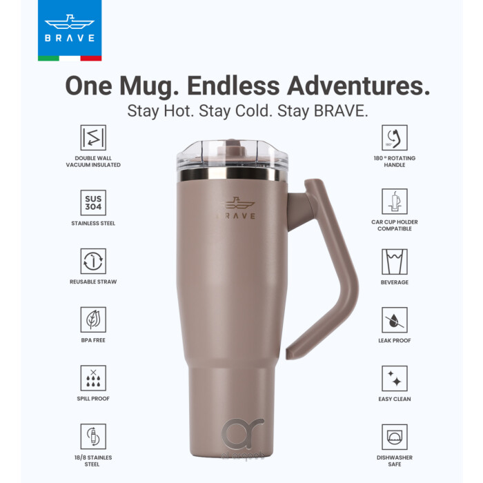 Brave Temp Guard Vacuum Insulated Travel Mug – 180° Rotating Handle, 24H Cold &amp; 12H Hot Retention, Leak