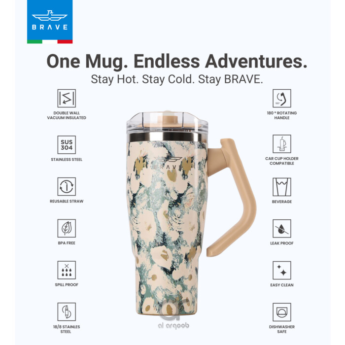 Brave Temp Guard Vacuum Insulated Travel Mug – 180° Rotating Handle, 24H Cold &amp; 12H Hot Retention, Leak