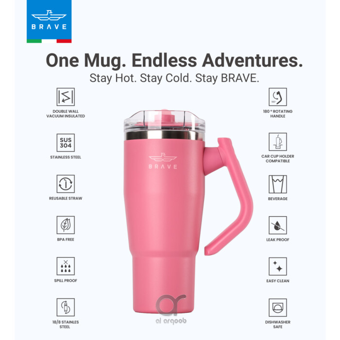 Brave Temp Guard Vacuum Insulated Travel Mug – 180° Rotating Handle, 24H Cold &amp; 12H Hot Retention, Leak