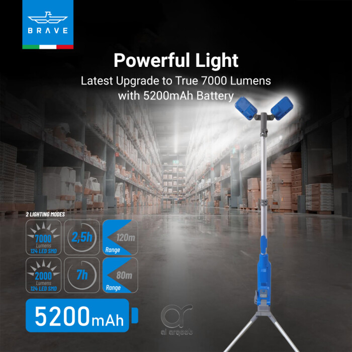 مصباح BRAVE الكاشف المحمول 7000 لومن مع حامل ثلاثي وبطارية 5200mAh ومخرج USB