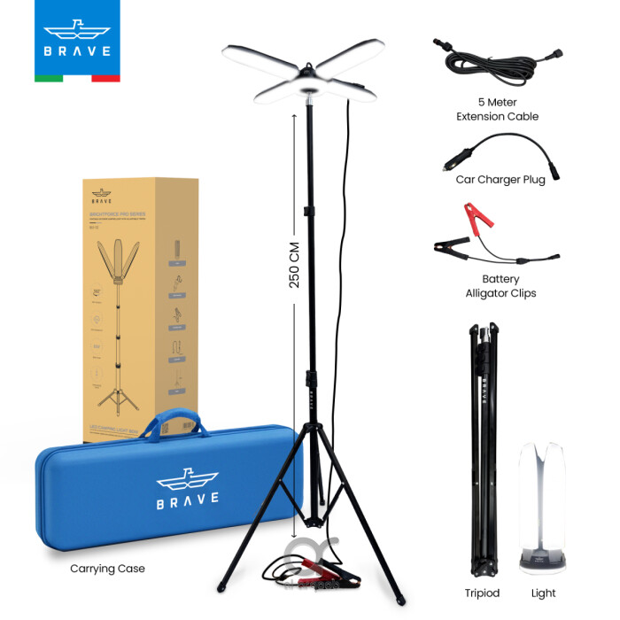 كشاف BRAVE BrightForce Pro بقدرة 80W و8000 لومـن مع ضوء LED قابل للطي وحامل ثلاثي 2.5م وتشغيل ببطارية السيارة ومقاوم للماء IP54 مع حقيبة (BLS