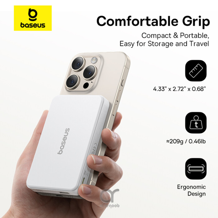 بنك الطاقة Baseus Airpow II Qi2 بقدرة 10000 مللي أمبير – شحن لاسلكي 15 واط، USB