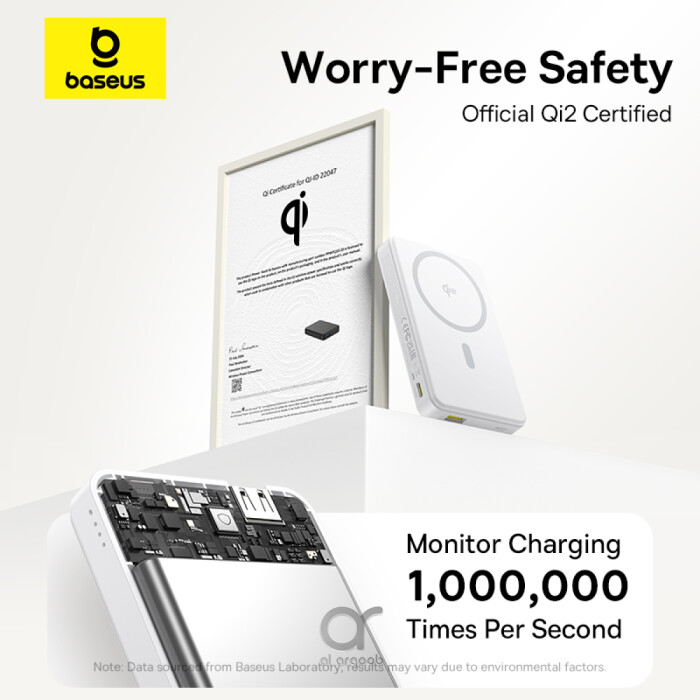 بنك الطاقة Baseus Airpow II Qi2 بقدرة 10000 مللي أمبير – شحن لاسلكي 15 واط، USB
