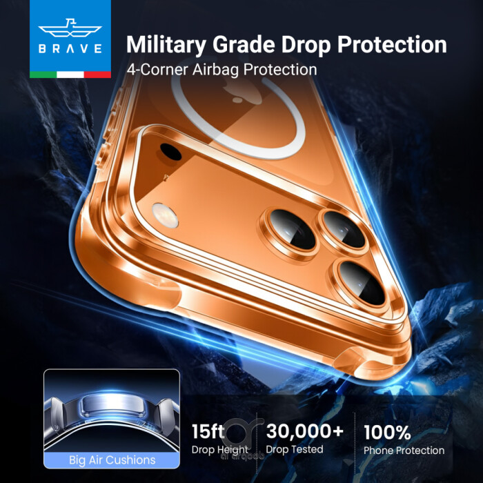 غطاء BRAVE Guard لآيفون 17 برو ماكس شفاف متوافق مع MagSafe مع حماية سقوط 3M ومضاد للاصفرار ومضاد للميكروبات