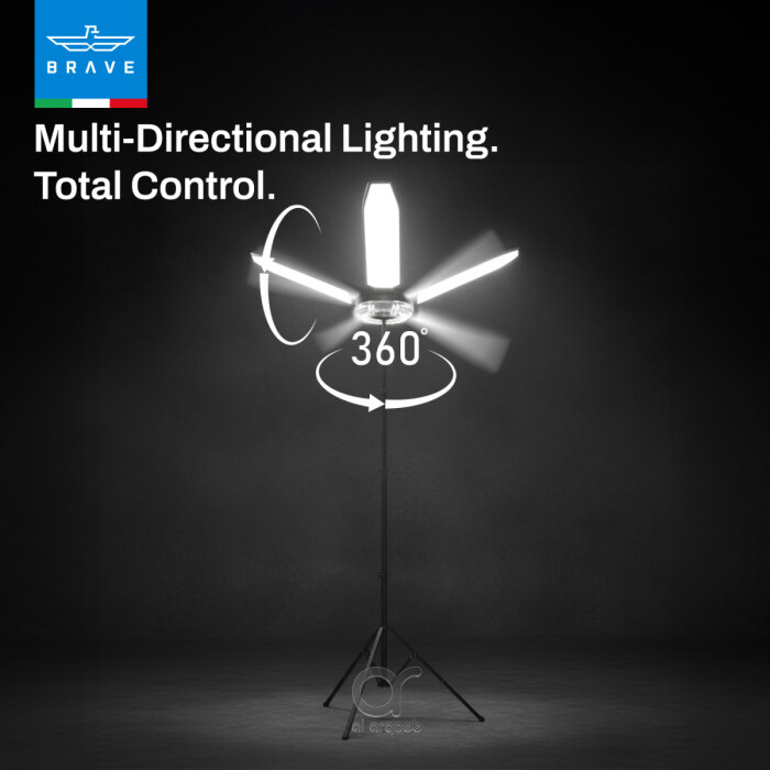 كشاف BRAVE BrightForce Pro بقدرة 80W و8000 لومـن مع ضوء LED قابل للطي وحامل ثلاثي 2.5م وتشغيل ببطارية السيارة ومقاوم للماء IP54 مع حقيبة (BLS