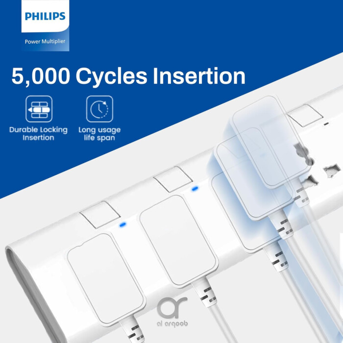 مشترك كهرباء فيليبس 6 منافذ عالمي 1.5 متر مع مفاتيح مستقلة، حماية تحميل 2500 واط، مقاوم للحريق 750°، معتمد ESMA – أبيض