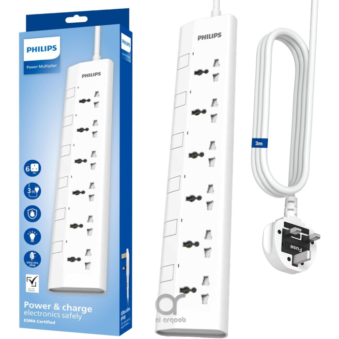 مشترك كهرباء فيليبس 6 منافذ عالمي 3 متر مع مفاتيح مستقلة، حماية تحميل 2500 واط، مقاوم للحريق 750°، معتمد ESMA – أبيض
