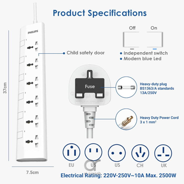 مشترك كهرباء فيليبس 6 منافذ عالمي 3 متر مع مفاتيح مستقلة، حماية تحميل 2500 واط، مقاوم للحريق 750°، معتمد ESMA – أبيض