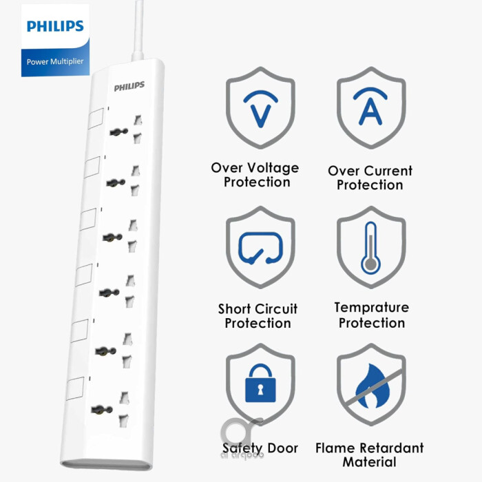 مشترك كهرباء فيليبس 6 منافذ عالمي 3 متر مع مفاتيح مستقلة، حماية تحميل 2500 واط، مقاوم للحريق 750°، معتمد ESMA – أبيض