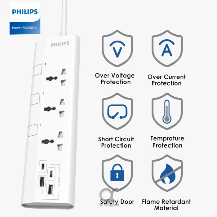 مشترك كهرباء فيليبس 3 منافذ عالمي 1.5 متر مع مفاتيح مستقلة و4 منافذ USB (2 USB
