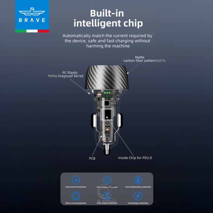 شاحن سيارة Brave بقدرة 48 واط بمنفذين USB