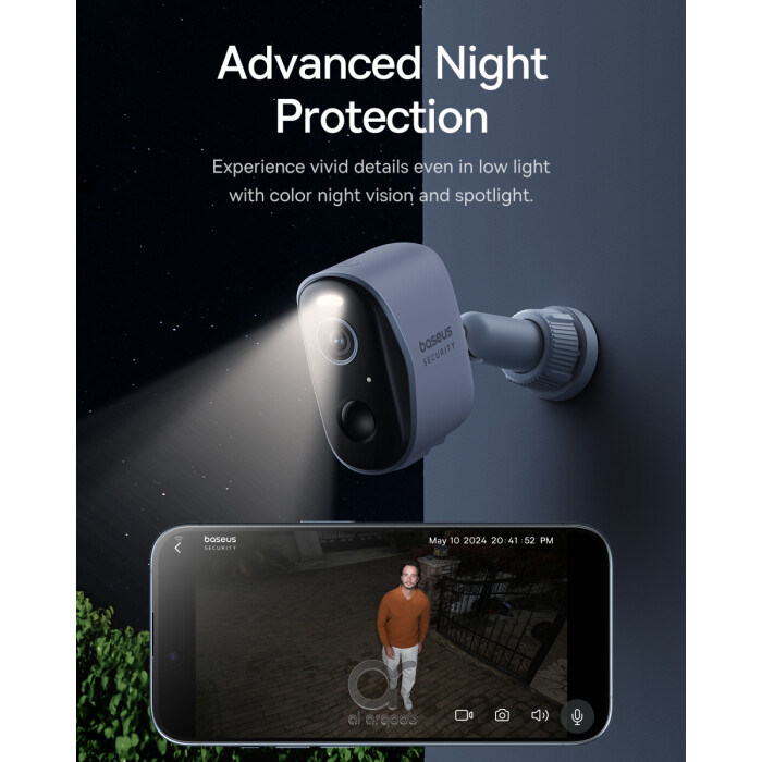 كاميرا المراقبة الخارجية اللاسلكية Baseus N1 بدقة 2K، زاوية 145°، رؤية ليلية ملونة، بطارية 210 أيام، IP67 – تتطلب H1