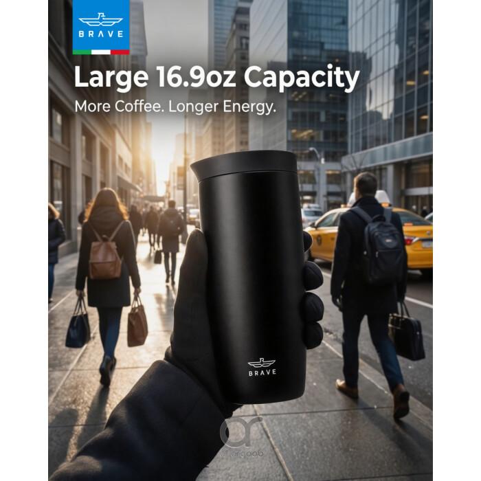 Brave TempGuard Travel Mug 500ml Stainless Steel Insulated Coffee Cup, Leak Proof Push Button Lid, Hot &amp; Cold Tumbler