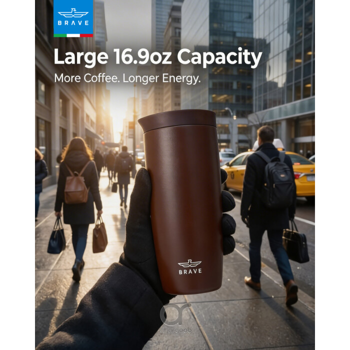 كوب سفر معزول من الفولاذ المقاوم للصدأ سعة 500 مل من بريف تمب جارد، مزود بغطاء مانع للتسرب بزر ضغط، مناسب للمشروبات الساخنة والباردة