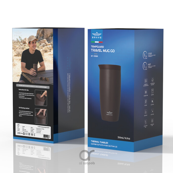 كوب سفر معزول من الفولاذ المقاوم للصدأ سعة 500 مل من بريف تمب جارد، مزود بغطاء مانع للتسرب بزر ضغط، مناسب للمشروبات الساخنة والباردة