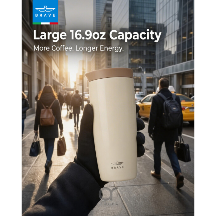 Brave TempGuard Travel Mug 500ml Stainless Steel Insulated Coffee Cup, Leak Proof Push Button Lid, Hot &amp; Cold Tumbler