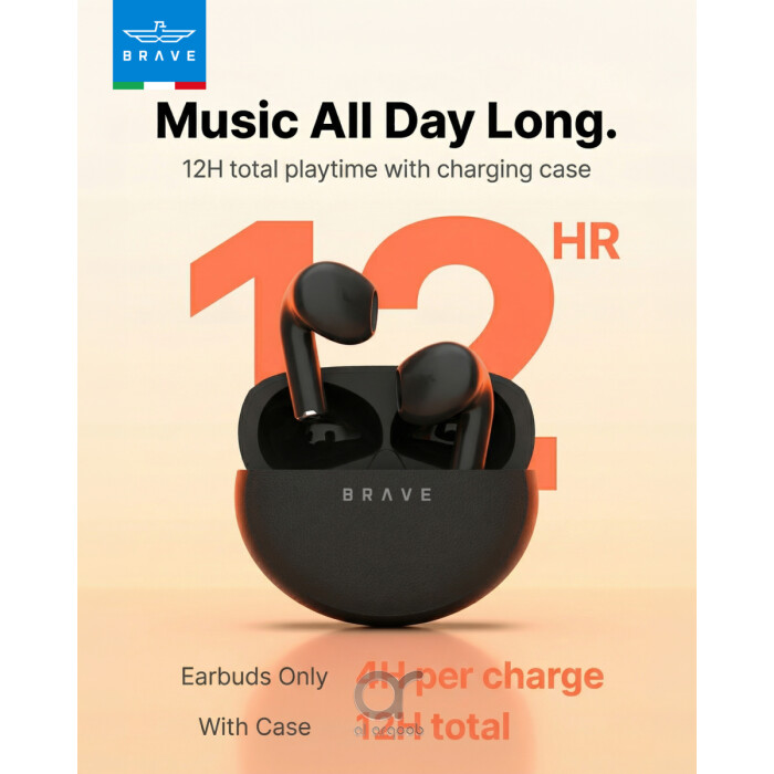 Brave Sonic TWS Earbuds Bluetooth 6.0, Deep Bass 13mm Driver, 18H Playtime, Touch Control, Sweatproof Wireless Earphones