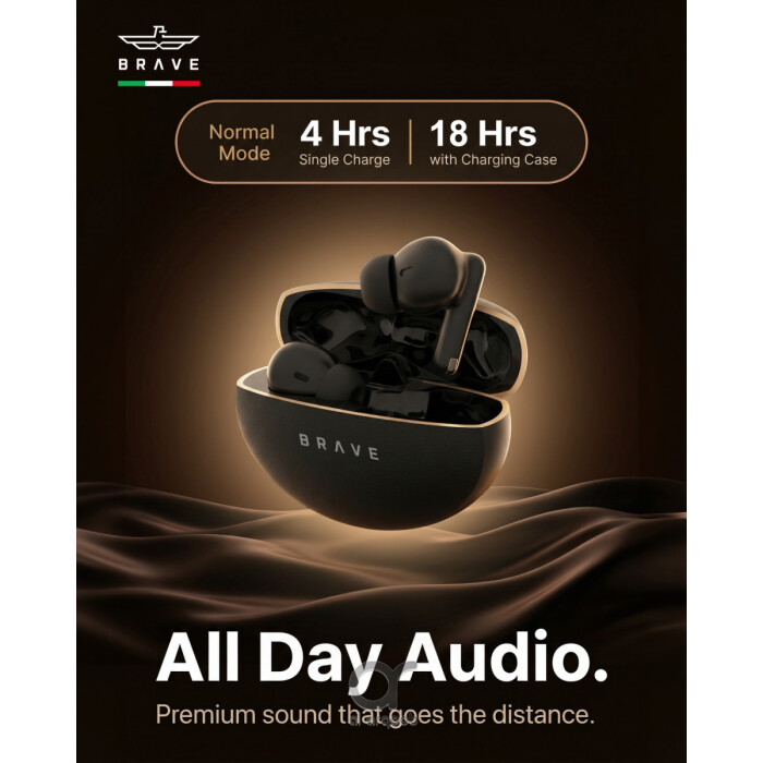 سماعات بريف سونيك برو لاسلكية بلوتوث 6.0 بصوت باس عميق 13 مم، 18 ساعة تشغيل، تحكم باللمس، مقاومة للعرق أسود