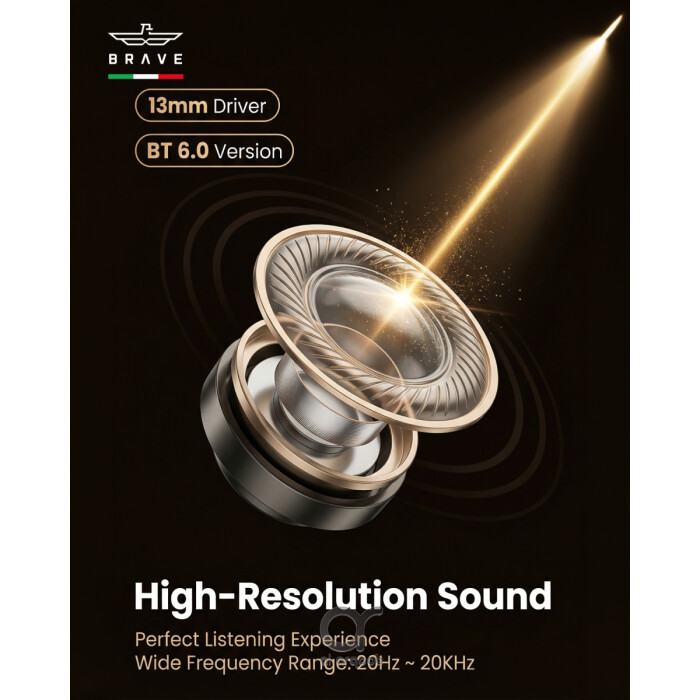 سماعات بريف سونيك برو لاسلكية بلوتوث 6.0 بصوت باس عميق 13 مم، 18 ساعة تشغيل، تحكم باللمس، مقاومة للعرق أسود