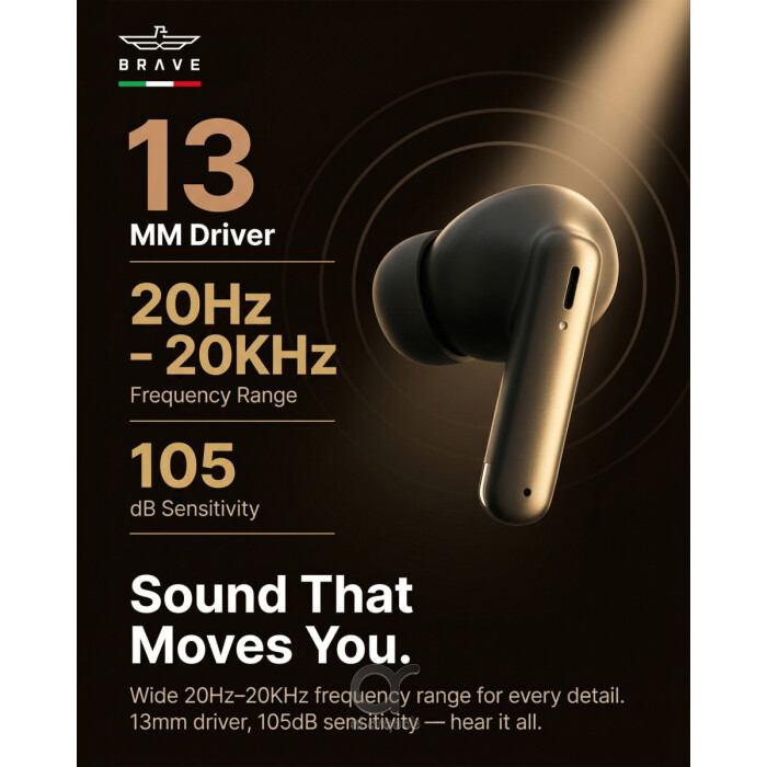 سماعات بريف سونيك برو لاسلكية بلوتوث 6.0 بصوت باس عميق 13 مم، 18 ساعة تشغيل، تحكم باللمس، مقاومة للعرق أسود