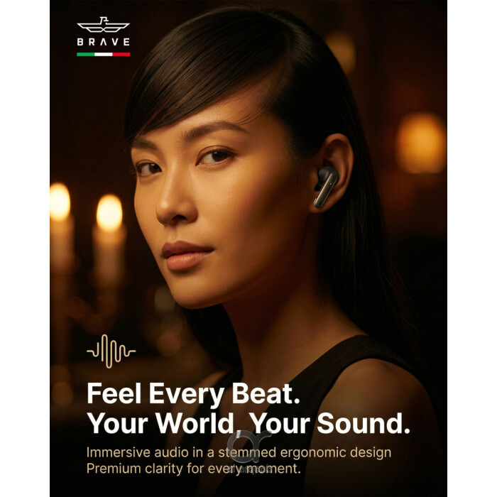 سماعات بريف سونيك برو لاسلكية بلوتوث 6.0 بصوت باس عميق 13 مم، 18 ساعة تشغيل، تحكم باللمس، مقاومة للعرق أسود