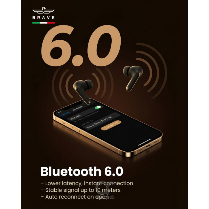 سماعات بريف سونيك برو لاسلكية بلوتوث 6.0 بصوت باس عميق 13 مم، 18 ساعة تشغيل، تحكم باللمس، مقاومة للعرق أسود