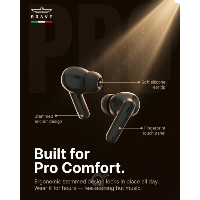 سماعات بريف سونيك برو لاسلكية بلوتوث 6.0 بصوت باس عميق 13 مم، 18 ساعة تشغيل، تحكم باللمس، مقاومة للعرق أسود