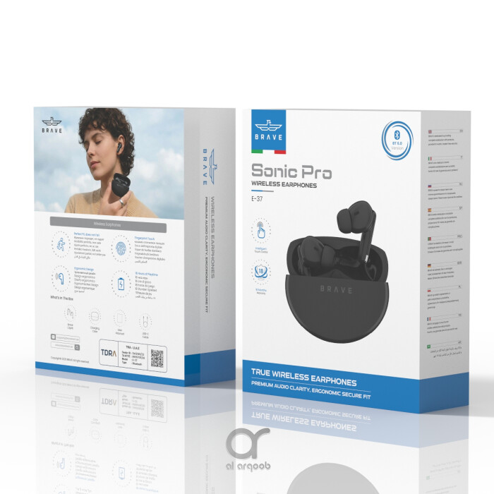 سماعات بريف سونيك برو لاسلكية بلوتوث 6.0 بصوت باس عميق 13 مم، 18 ساعة تشغيل، تحكم باللمس، مقاومة للعرق أسود