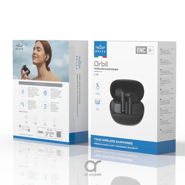 سماعات BRAVE Orbit اللاسلكية Bluetooth 6.0، تحكم باللمس والصوت، باس عميق، تشغيل 18 ساعة وميكروفون – E