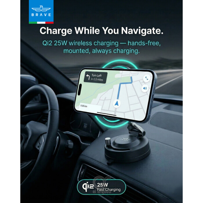 BRAVE Qi2 25W Magnetic Wireless Car Charger Mount, MagSafe Dashboard &amp; Console Phone Holder with Dual USB