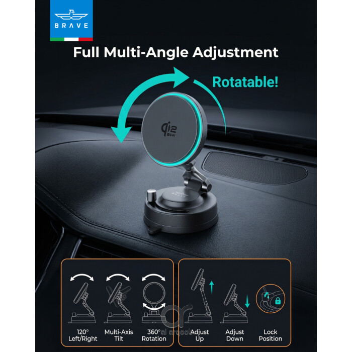 BRAVE Qi2 25W Magnetic Wireless Car Charger Mount, MagSafe Dashboard &amp; Console Phone Holder with Dual USB