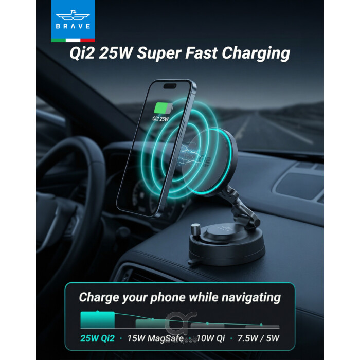 BRAVE Qi2 25W Magnetic Wireless Car Charger Mount, MagSafe Dashboard &amp; Console Phone Holder with Dual USB