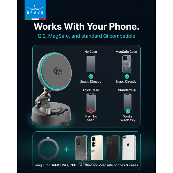 BRAVE Qi2 25W Magnetic Wireless Car Charger Mount, MagSafe Dashboard &amp; Console Phone Holder with Dual USB