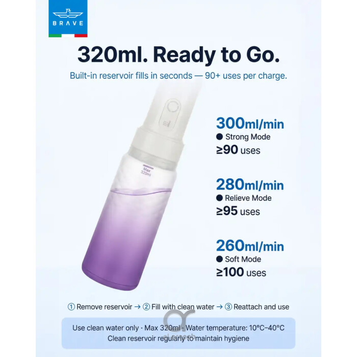BRAVE Electric Portable Bidet 320ml Rechargeable Travel Shattaf with 3 Spray Modes, 180° Adjustable Wand &amp; IPX7 Waterproof