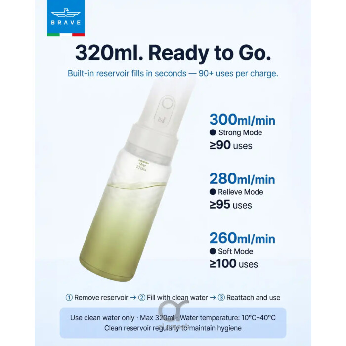 BRAVE Electric Portable Bidet 320ml Rechargeable Travel Shattaf with 3 Spray Modes, 180° Adjustable Wand &amp; IPX7 Waterproof