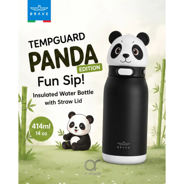 زجاجة مياه للأطفال BRAVE TempGuard Fun Sip سعة 414 مل، ستانلس ستيل معزول، غطاء بقشة مانع للتسرب وقفل أمان، باندا أسود