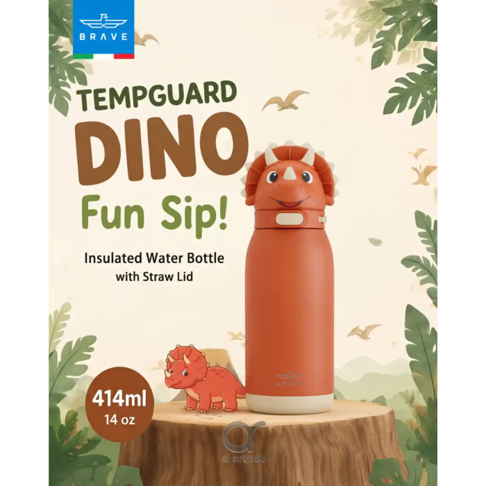 زجاجة مياه للأطفال BRAVE TempGuard Fun Sip سعة 414 مل، قارورة ستانلس ستيل معزولة بغطاء قشة وقفل أمان، ديناصور برتقالي