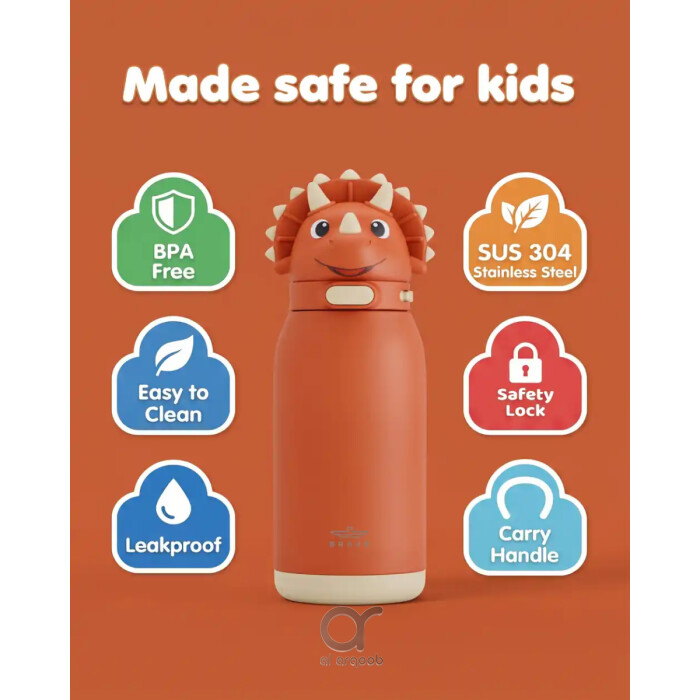 زجاجة مياه للأطفال BRAVE TempGuard Fun Sip سعة 414 مل، قارورة ستانلس ستيل معزولة بغطاء قشة وقفل أمان، ديناصور برتقالي