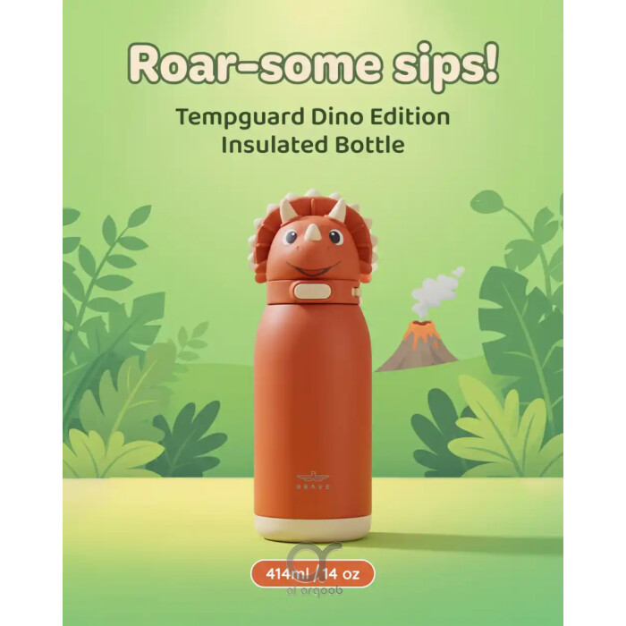 زجاجة مياه للأطفال BRAVE TempGuard Fun Sip سعة 414 مل، قارورة ستانلس ستيل معزولة بغطاء قشة وقفل أمان، ديناصور برتقالي
