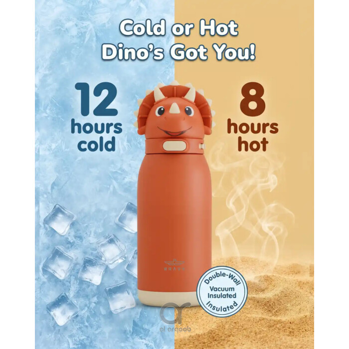 زجاجة مياه للأطفال BRAVE TempGuard Fun Sip سعة 414 مل، قارورة ستانلس ستيل معزولة بغطاء قشة وقفل أمان، ديناصور برتقالي
