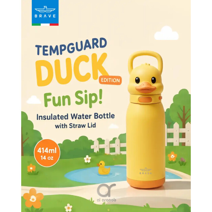 زجاجة مياه للأطفال BRAVE TempGuard Fun Sip سعة 414 مل، ستانلس ستيل معزول بغطاء قشة وقفل أمان، بطة صفراء