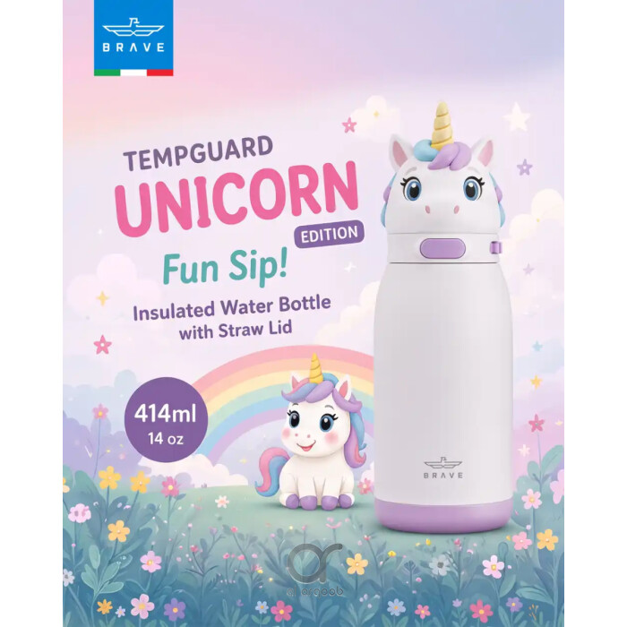 زجاجة مياه للأطفال BRAVE TempGuard Fun Sip سعة 414 مل، ستانلس ستيل معزول بغطاء قشة وقفل أمان، يونيكورن أبيض
