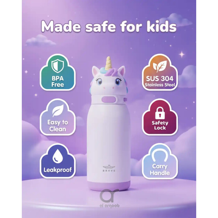 زجاجة مياه للأطفال BRAVE TempGuard Fun Sip سعة 414 مل، ستانلس ستيل معزول بغطاء قشة وقفل أمان، يونيكورن أبيض